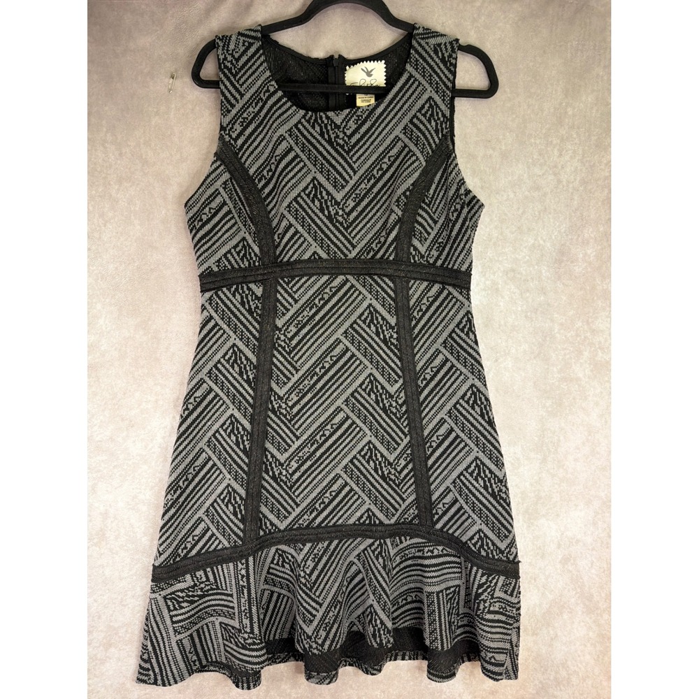 Tabitha Anthropologie Dress Women 12 Black Gray Geometric Chevron Jacquard Flare